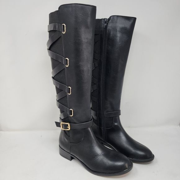 Thalia Sodi Riding Boots Womens 5 Black Veronika Faux Leather Zip Buckle Strap - Picture 1 of 10